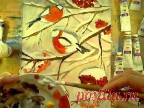 Как нарисовать снегирей на рябине - YouTube