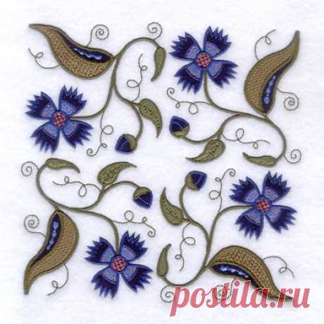 Starbird Inc Embroidery Design: Jacobean Blue Flower Square 6.11 inches H x 6.10 inches W