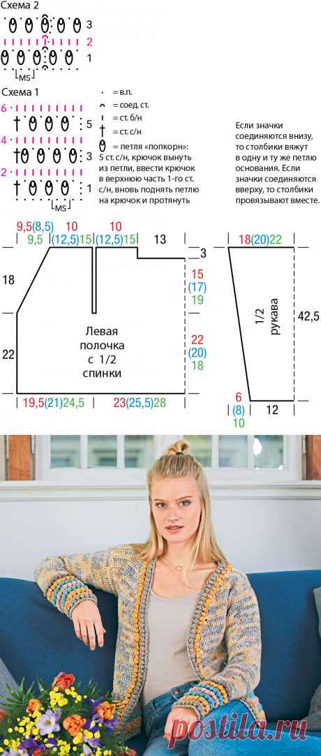 Жакет с рельефными планками

Пряжа (65% хлопка, 35% полиамида; 120 м/50 г) — 500 (550) 600 г серо-желтой секционного крашения; 
пряжа (100% хлопка; 105 м/50 г) — по 150 (200) 200 г серо-золотистой и желто-золотистой; 100 (150) 150 г мятно-золотистой и 50 (100) 100 г розово-серебристой; крючок №4,5.