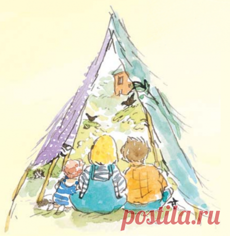 Шалаш будет прочнее, если вы сделаете треноги из палок. Внутри постелите траву, чтобы было мягко лежать и сидеть.