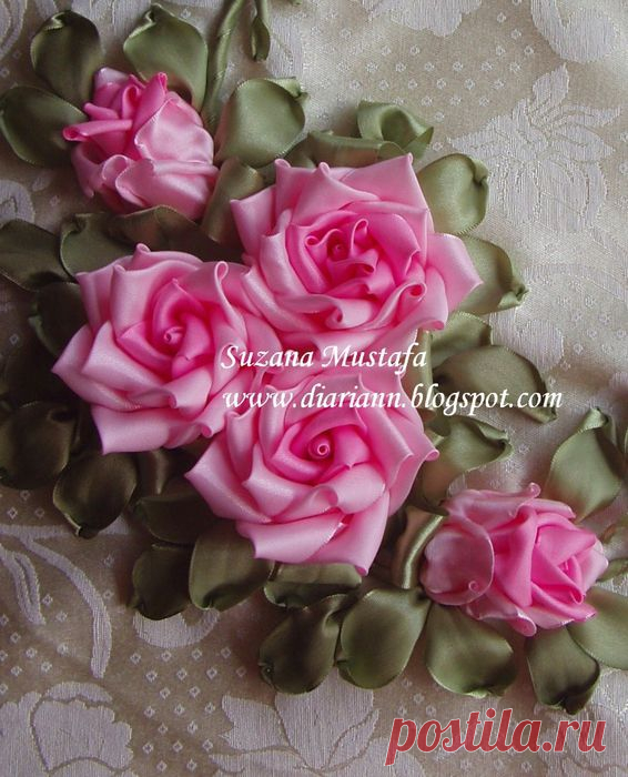 Вышивка лентами. Розы. Мастер класс.