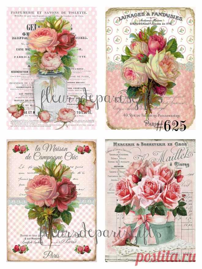 Shabby Chic Vintage French Flowers Pink Roses 4 SMALL Prints | Etsy
