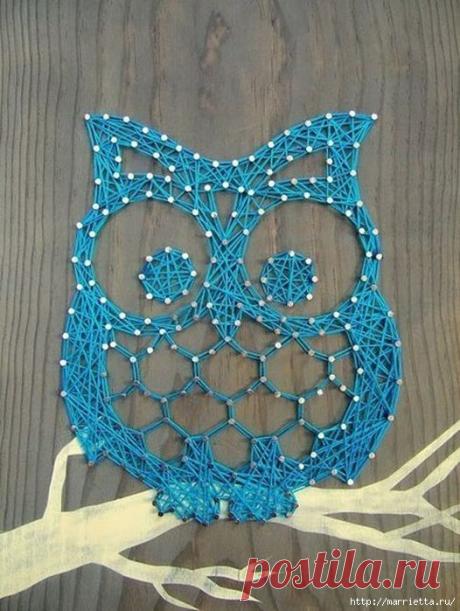 Панно с птичками из ниток и гвоздей.Плетение