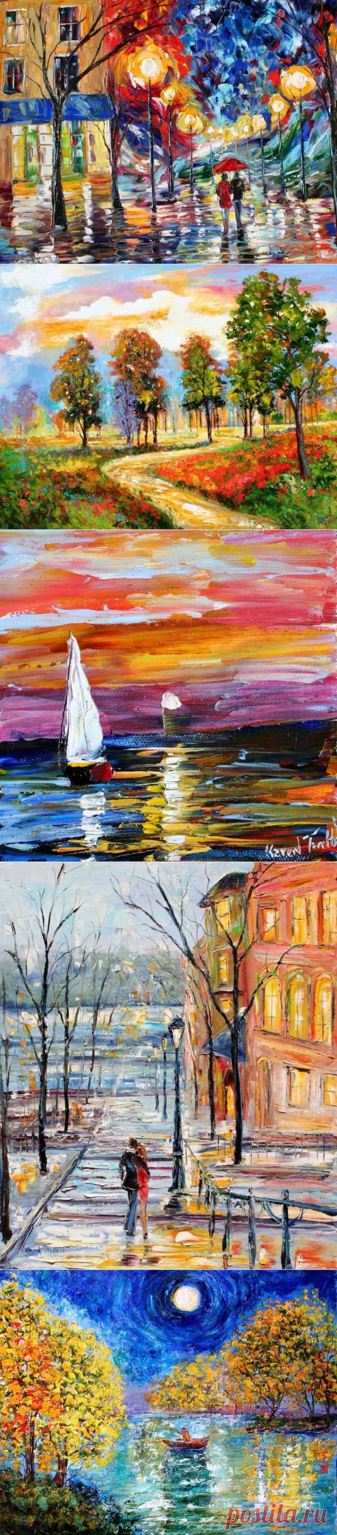 Карен Тарлтон (Karen Tarlton) американская художница из Соединенных Штатов. Интерес к живописи появился еще в детстве. После школы поступила в университет Калифорнии в Дэвисе, затем училась в школе изобразительных искусств Коркоран в штате Вирджиния. В течение двадцати, с лишним, лет она радует зрителей картинами, населенными яркими, причудливыми животными и людьми, цветочными натюрмортами и сценами из жизни Калифорнии.