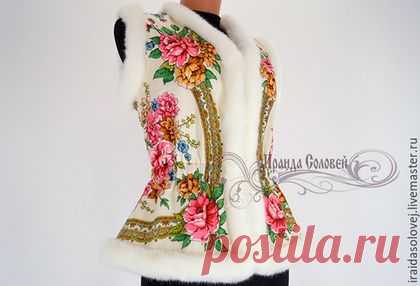 Купить Жилет "Аккорд" из павлопосадского платка - русский стиль, этностиль, жилетка меховая, теплый жилет