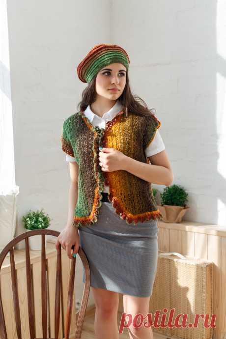 Жилет тёплый разноцветный вязаный мода для полных бохо-шик