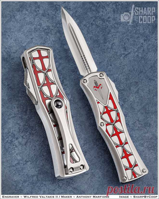 Нож «Microtech», складной, от Anthony Marfione. Гравировка от Wilfred Valtakis II. Крест тамплиеров.