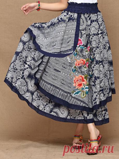 Hot-sale Vintage Women Elastic Waist Printed Cotton Maxi Skirt - NewChic