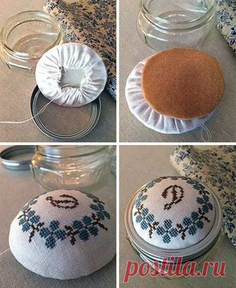 For this little personalized pincushion project I used a small 8-ounce mason jar because that’s what I had on hand, and because I thought it would be the perfect size for storing a few skeins…