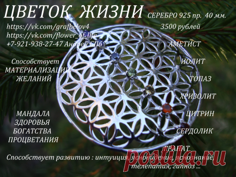 Серебро 925 пробы 40 мм. Натуральные камни : гранат сердолик цитрин хризолит топаз иолит аметист.  3500 рублей
СПОСОБСТВУЕТ МАТЕРИАЛИЗАЦИИ ЖЕЛАНИЙ  ! 
ГАРМОНИЗИРУЕТ ПРОСТРАНСТВО. 
СПОСОБСТВУЕТ РАЗВИТИЮ : ИНТУИЦИЯ ЯСНОВИДЕНИЕ ЯСНОЗНАНИЕ ТЕЛЕПАТИЯ ТЕЛЕКИНЕЗ ГИПНОЗ. 
СПОСОБСТВУЕТ : ИСЦЕЛЕНИЮ ВЫЗДОРОВЛЕНИЮ ОМОЛОЖЕНИЮ ДОЛГОЛЕТИЮ  ! 
СПОСОБСТВУЕТ ЗАЧАТИЮ ДЕТЕЙ .
СПОСОБСТВУЕТ ПОХУДЕНИЮ  !
МАНДАЛА БОГАТСТВА И ПРОЦВЕТАНИЯ  ! 
МАНДАЛА СВЕТА И ЛЮБВИ .
ПОВЫШЕНИЕ ВИБРАЦИЙ .
ОБЕРЕГ ОТ СГЛАЗА И ПОРЧИ