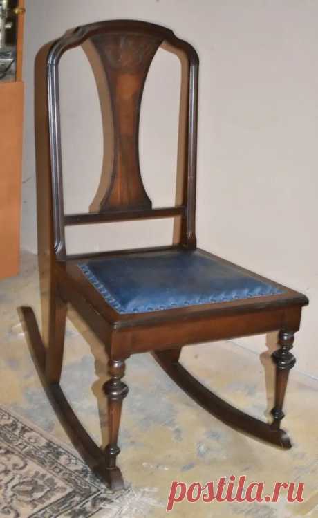 Antique Walnut Child's Leather Seat Rocking Chair, Rocker - The Green Scene Antiques Beautiful Antique Childs Rocking Chair with blue leather seat Made from Walnut Condition: Good vintage condition with minor marks and finish wear appropriate for age use. H: 33″ (15″h to seat) W: 17.5″ D: 27.5″ at rocker legs UPS Ground shipping. The price includes the cost of professional packing/shipping and insurance. Thank you for shopping…