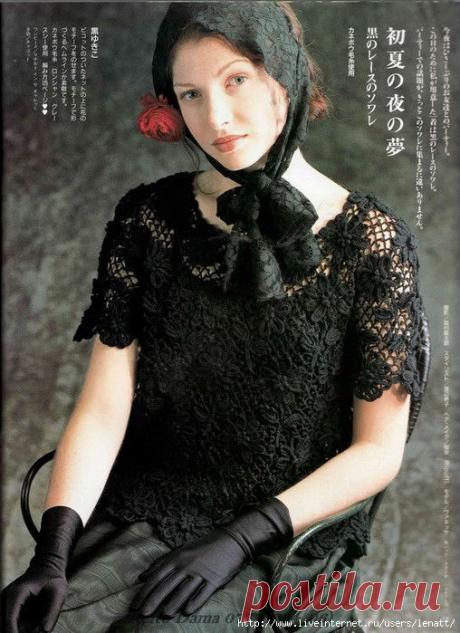 Крючок.Черная ажурная кофта с короткими рукавами