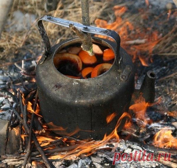 ГЛИНТВЕЙН НА КОСТРЕ. Вкусный глинтвейн из красного вина с фруктами можно легко приготовить на природе. Ингредиенты: ● апельсины 3 шт. ● лимоны 1 шт. ● сахар 3/4 стакана ● палочки корицы 3 шт. ● гвоздика 12 бутонов ● красное вино 2 бутылки Способ приготовления 1) Налить вино в котелок, подогреть. 2) Добавить сахар, нарезанные фрукты и специи, размешать. Готовить до полного растворения сахара, не доводя смесь до кипения. 3) Затем снять котелок с огня и дать глинтвейну настояться в течение 10-15…