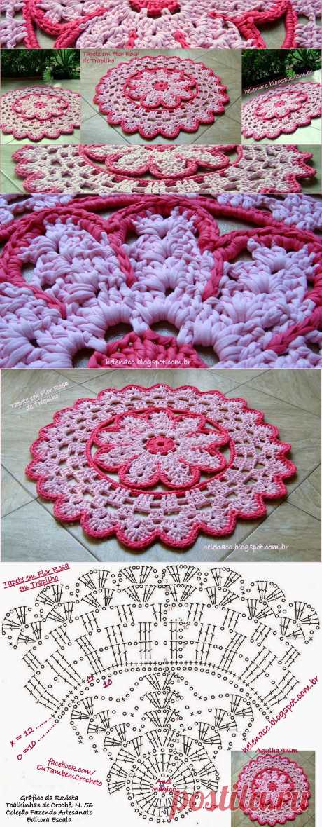 EU TAMBÉM CROCHETO...: Tapete em Flor Rosa de Trapilho