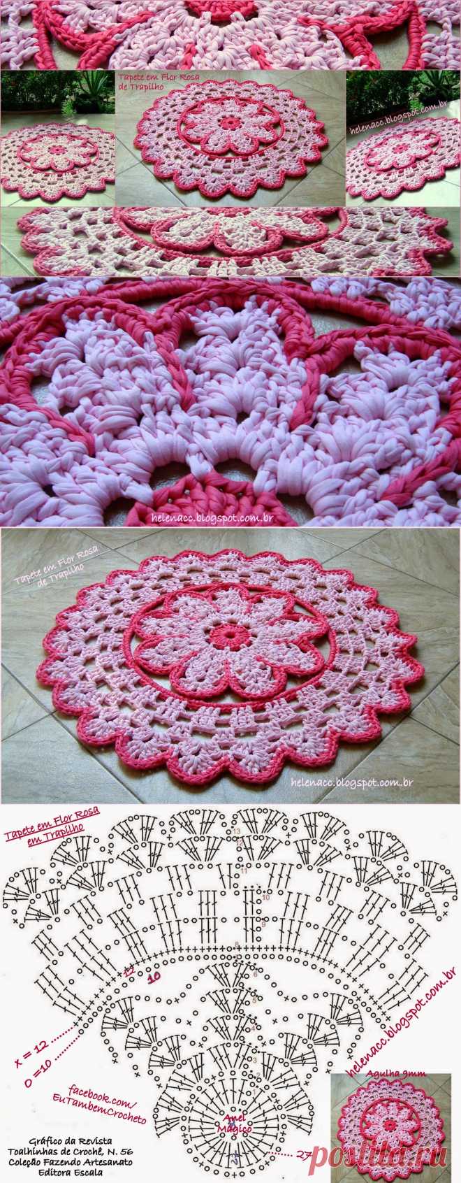 EU TAMBÉM CROCHETO...: Tapete em Flor Rosa de Trapilho