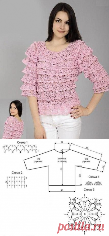 Кружевная кофточка крючком со схемами. Нежная кофточка с рюшами крючком |