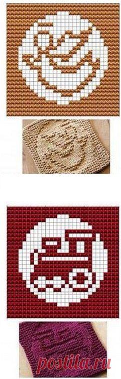 Теневые узоры новогодней тематики связаны спицами. Схемы вязания узоров спицами есть!