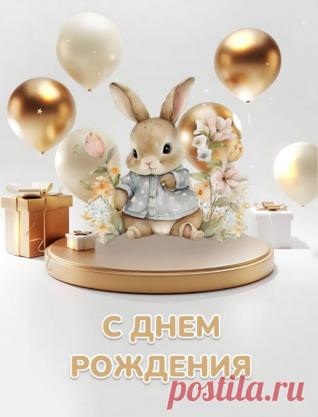 a rabbit is sitting on a table surrounded by balloons