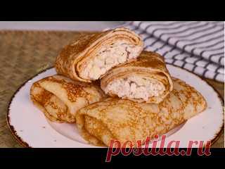 Сытные блинчики на завтрак с сочной куриной начинкой. Ингредиенты:     Тесто для блинов на 11 штук 24см:Яйца: 2штМолоко: 300млВода: 200мл +/-Сметана: 2 ст.лСахар: ½ ст.лСоль: 1/3 ч.лМасло раст: 3 ст.лМука: 210г     Начинка на 11 блинов:Курица варёная: 300г (230г+70г)Сыр твердый: 100гСливки: 100млТопленое или обычное сливочное масло: 1...