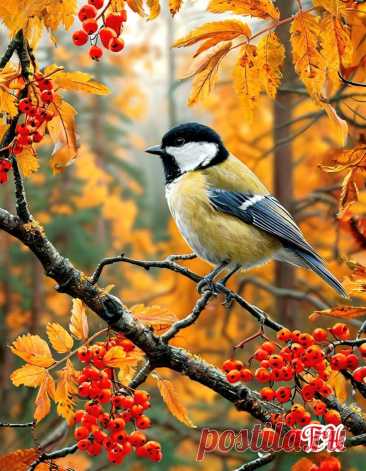 a bird sitting on top of a tree branch next to red berries and yellow leaves