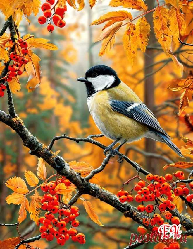 a bird sitting on top of a tree branch next to red berries and yellow leaves
