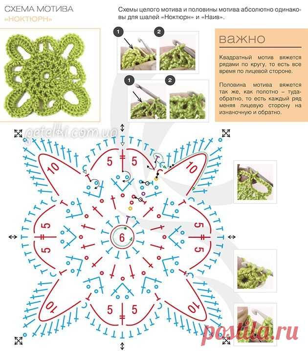 Ажурная шаль "Ноктюрн" крючком из мотивов с кистями