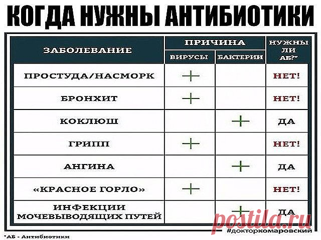 Когда нужны антибиотики? Полезная табличка от доктора Комаровского!

Мамочкам на заметку 

Антибактериальные препараты - это не панацея при любой болезни. Есть два основных типа микроорганизмов, которые вызывают большинство инфекций, - вирусы и бактерии. Антибактериальные препараты действуют только против бактерий!

 Бактерии - это одноклеточные микроорганизмы размером всего несколько тысячных миллиметра. Они живут на нашей коже, в нашей пищеварительной системе, во рту и в...