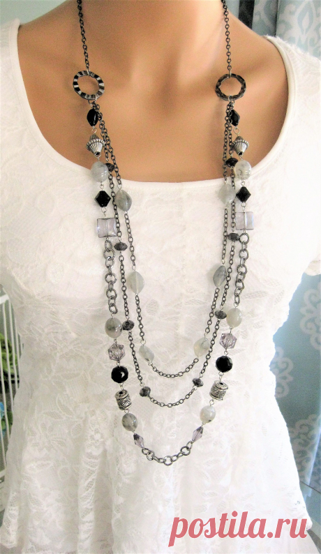 Long Black and Grey Beaded Necklace, Long Multi Strand Necklace, Black Grey Necklace, Grey Beaded Necklace, Black Beaded Necklace, N902 by RalstonOriginals on Etsy