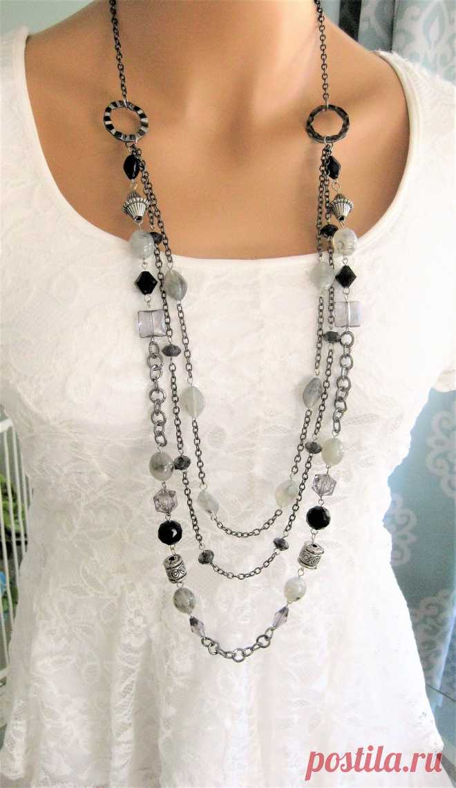 Long Black and Grey Beaded Necklace, Long Multi Strand Necklace, Black Grey Necklace, Grey Beaded Necklace, Black Beaded Necklace, N902 by RalstonOriginals on Etsy