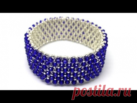 Широкий браслет без застежки из бисера и хрустальных бусин DIY Bracelet from beads