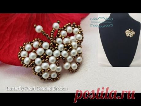 How to make a Butterfly Pearl Beaded Brooch. Beading tutorial. Beads Jewelry Making.