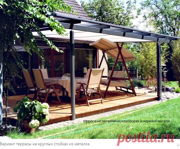 Металлическая конструкция опор и балок террасы из простой чёрной трубы - это легко и быстро возводимая конструкция.