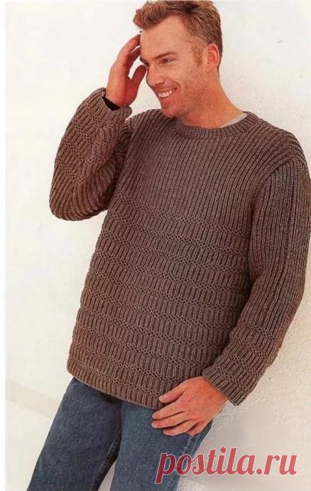 Вяжем мужчинам: Коричневый пуловер с патентным узором