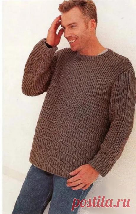 Вяжем мужчинам: Коричневый пуловер с патентным узором