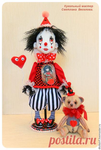 Купить авторская кукла Клоун - чёрно-белый, авторская кукла, коллекционная кукла, текстильная кукла