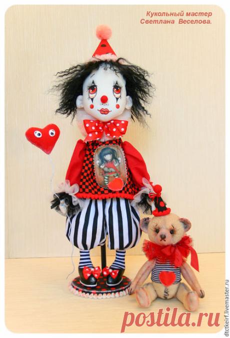 Купить авторская кукла Клоун - чёрно-белый, авторская кукла, коллекционная кукла, текстильная кукла