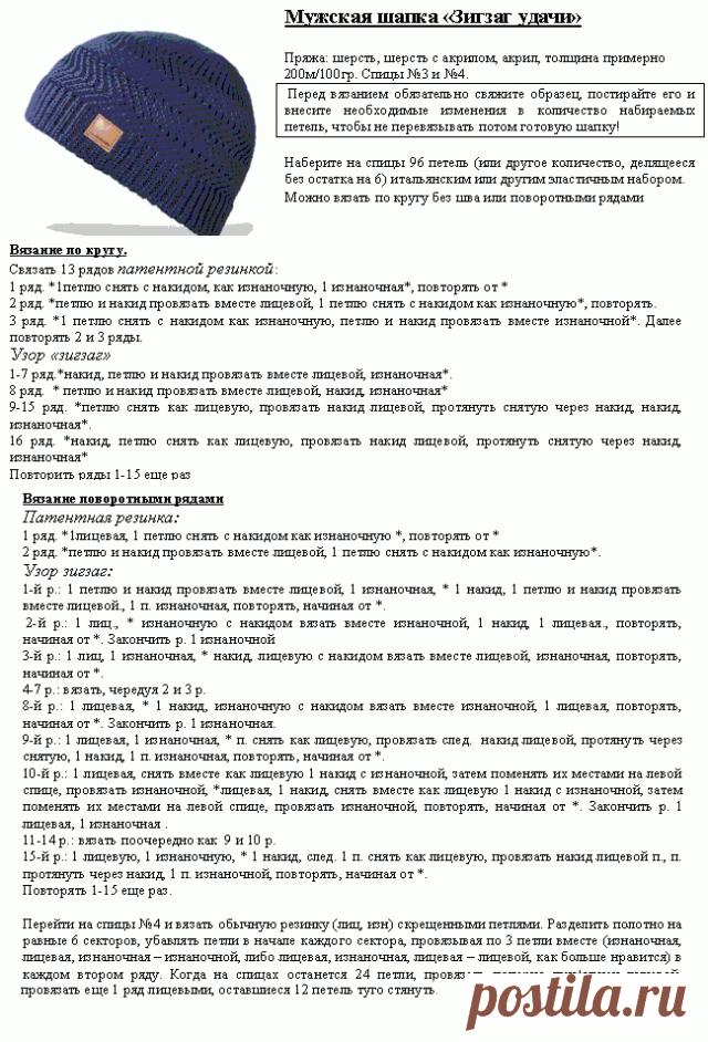 Схема вязания мужской шапки спицами — Подарок Любимому | Вязание Шапок - Модные и Новые Модели
