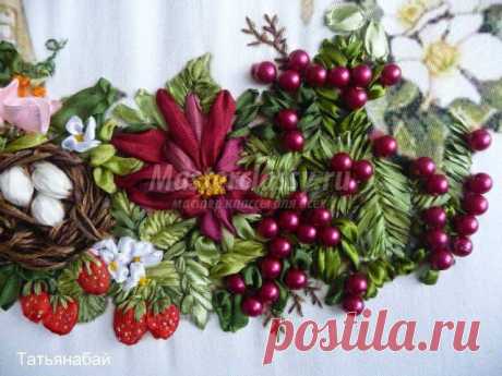 Вышивка атласными лентами. Клюква. Мастер-класс с пошаговыми фото