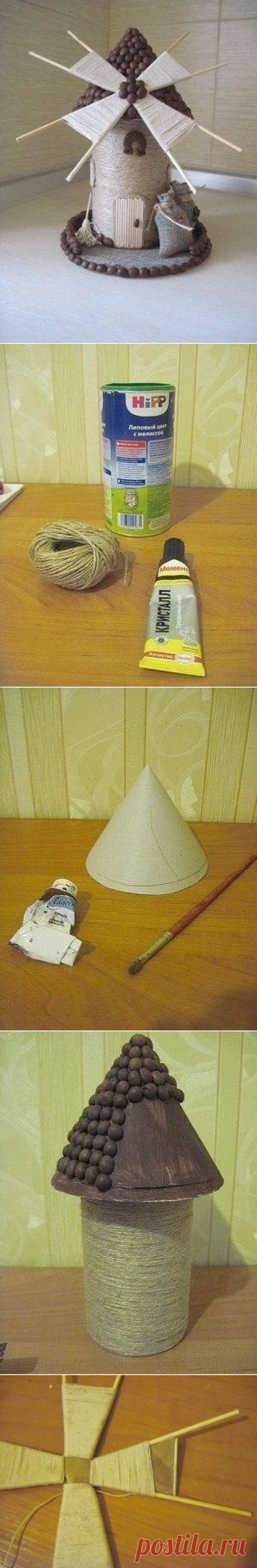 Сувенир Мельница с декором кофейными зёрнами и шпагатом