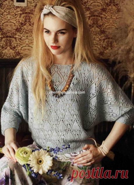 Просто шикарный ажурный пуловер с рукавами летучая мышь.МОДА SIZE PLUS Спицы