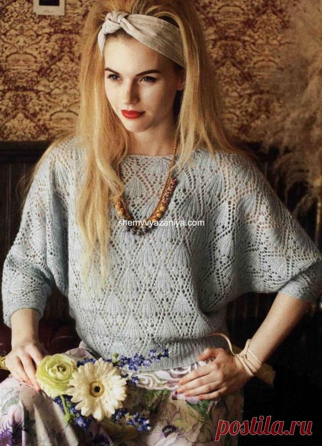 Просто шикарный ажурный пуловер с рукавами летучая мышь.МОДА SIZE PLUS Спицы