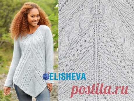 Удлинённый джемпер вязаный спицами с ажуром и жгутами от Drops Design | Блог elisheva.ru