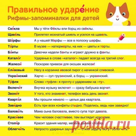 ЗАПОМИНАЕМ ПPAВИЛЬНОЕ УДАРЕНИЕ 
Обучающий плакат для детей
#правила #русскийязык 
Свёкла

Мы у тёти Фёклы
ели борщ из свёклы.

Щавель

Прилетел мохнатый шмель
и уселся на щавель.

Шарфы

А у нашей Марфы —
все в полоску шарфы.

Торты
В музее — натюрморты,
на них — цветы и торты.

Банты

Девочки надели банты
и играют дружно в фанты.

Каталог

Ударенье в слове «каталог»
падает всегда на третий слог.

Жалюзи
Поскорее привези
для окошек жалюзи!

Сливовый

Несу в корзинке ивовой...