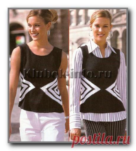 Вязание спицами. Безрукавка с контрастным узором Зигзаг