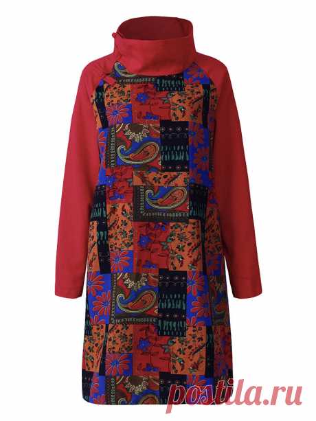 Women Tribe Floral Printed Turtleneck Long Sleeve Vintage Dress Online - NewChic