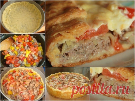 Сочный и очень вкусный пирог с мясной начинкой 

 Ингредиенты:

Для теста:
200 гр. картофеля,
200гр. муки,
1 яйцо,
50гр. сливочного масла,
соль.

Для начинки:
500гр. свинины (или фарша),
2 болгарских перца,
1 помидор,
2 небольшие луковицы,,
100 мл. жирных сливок (33-38%),
100 мл. молока,
2 небольших яйца (в заливку),
2 ст.л. томатной пасты,
соль,перец,
немного тертого сыра.

 Приготовление:

Картофель мелко нарезать и отварить в подсоленной воде до готовности. Затем воду с...