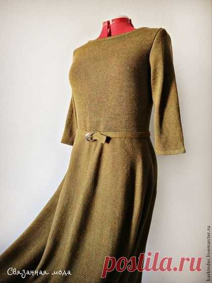 Вязаное длинное платье "Модная штучка" - оливковый,однотонный,платье,вязаное платье