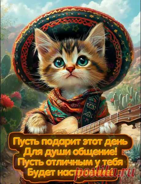 Милая картинка добрый день с пожеланием в стихах и котиком