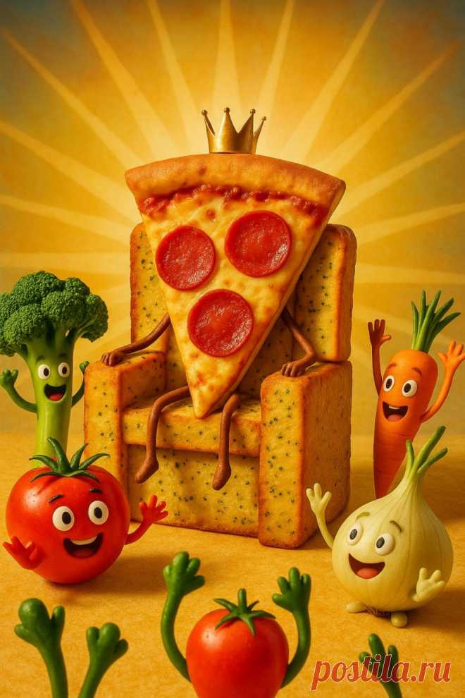 Пицца-король и овощные подданные: Весёлое торжество вкуса. Изображение из нейронной сети Sora images Ai - Sora Images примеры промтов - Форум ИИ о нейросетях - Yes Ai
