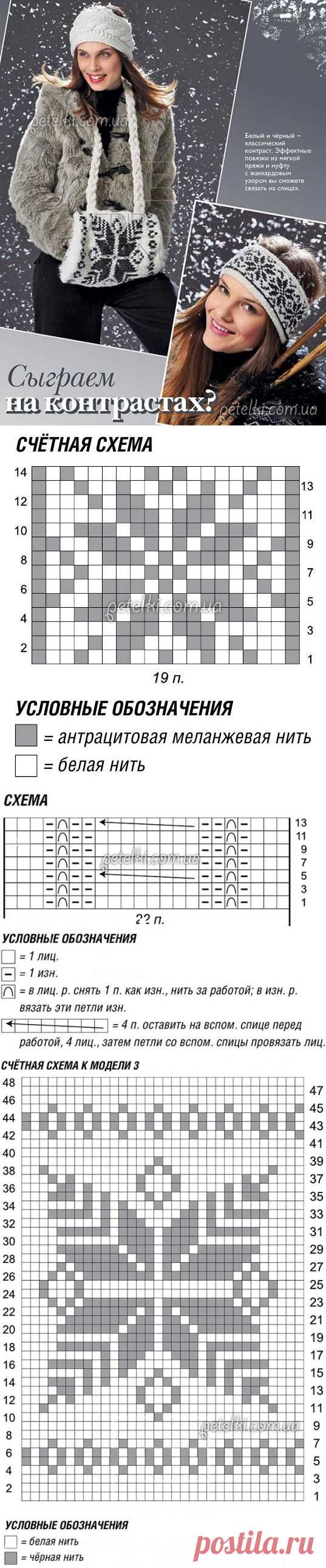 Повязки на голову и муфта. Описание вязания, схемы